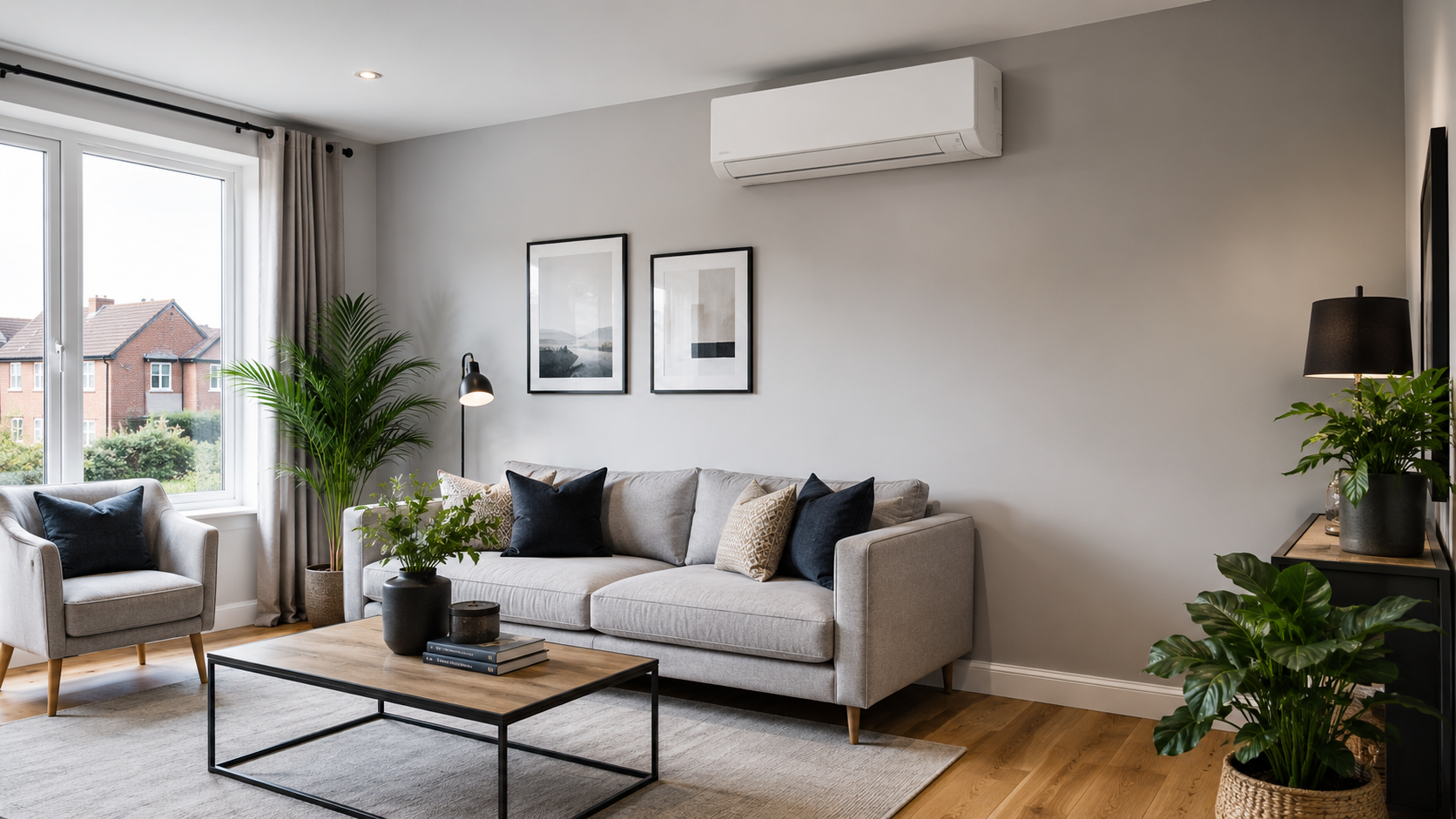 Wall-mounted air conditioning unit installed in a modern living room
