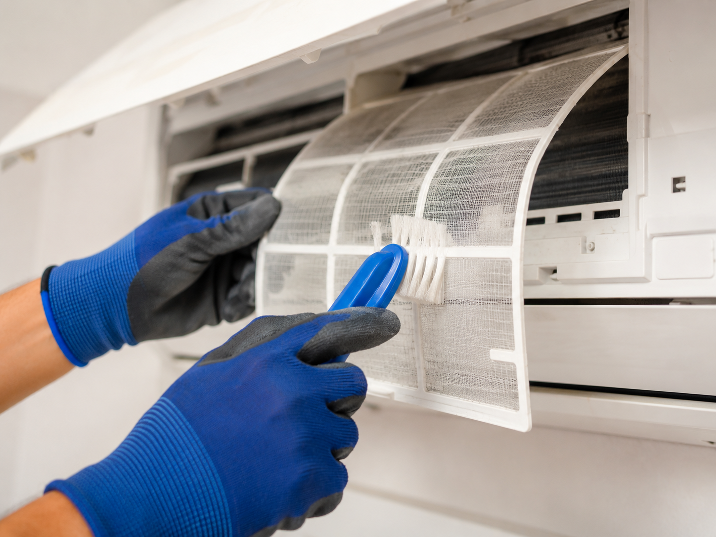 Engineer cleaning an air conditioning filter during a service visit