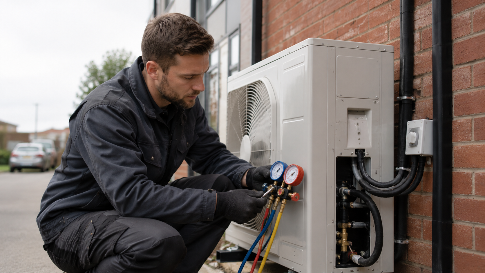 Apollo engineer servicing an outdoor condenser unit